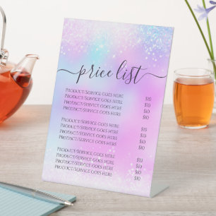 Holographic Glitter Pastel Girly Price List Pedestal Sign