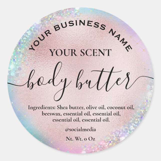 Holographic Glitter Pastel Rose Gold Body Butter Classic Round Sticker (Front)