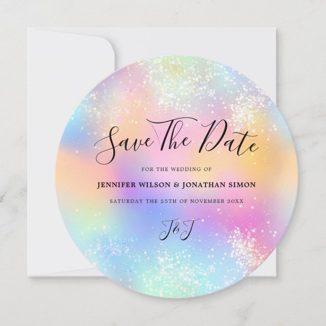 Holographic Glitter Pastel Wedding Save the date (Front)