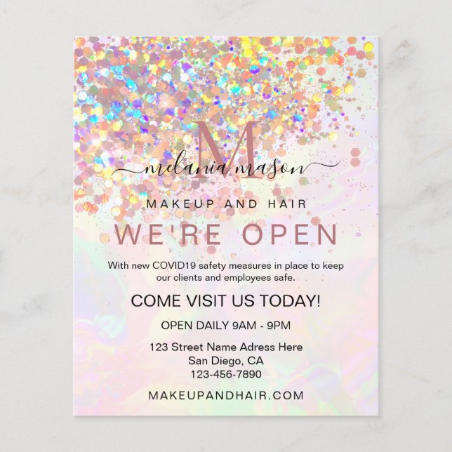 Holographic Glitter Pearl We're Open Elegant Salon Flyer (Front)