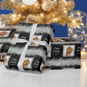 Holographic Glitter Photo Text Black Elegant Wrapping Paper
