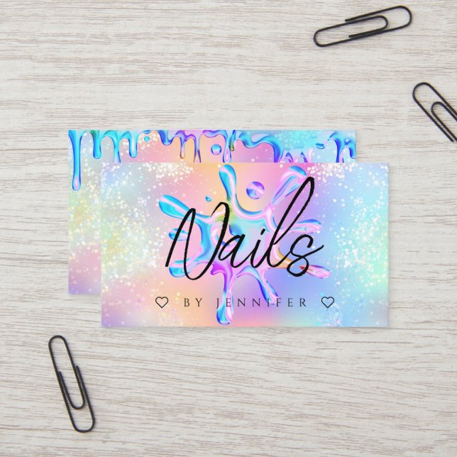 Holographic Glitter Polish Splash Drips Nails Business Card (Front/Back In Situ)