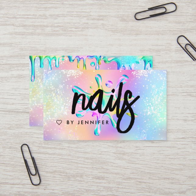 Holographic Glitter Polish Splash Drips Nails Business Card (Front/Back In Situ)
