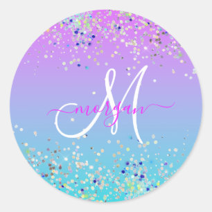 Holographic Glitter Purple Blue Ombre Monogram Classic Round Sticker