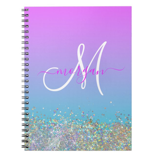 Holographic Glitter Purple Blue Ombre Monogram Notebook (Front)