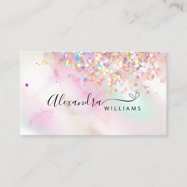 Holographic Glitter QR Code Makeup Artist Marbled Business Card (Front)