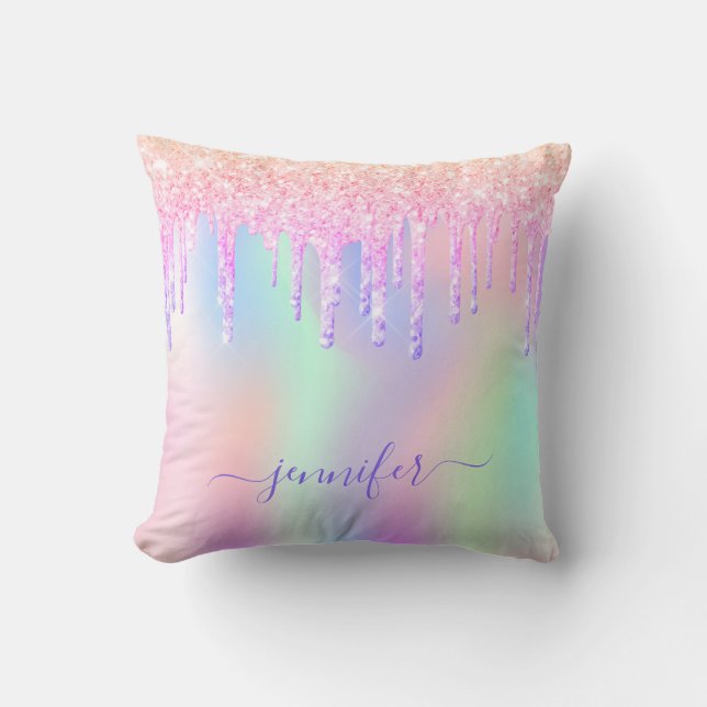 Holographic glitter rainbow monogram pink sparkle cushion (Front)
