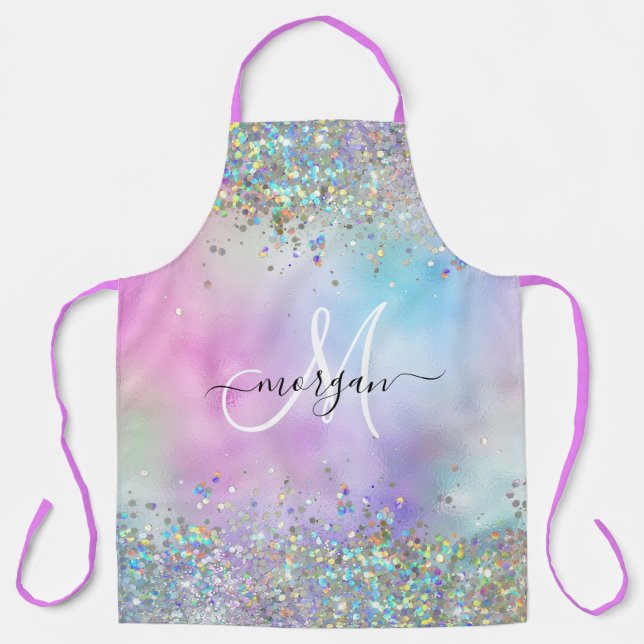 Holographic Glitter Rainbow Pastels Monogram Apron (Front)