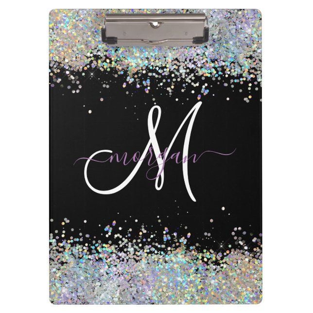 Holographic Glitter Rainbow Pastels Monogram Clipboard (Front)