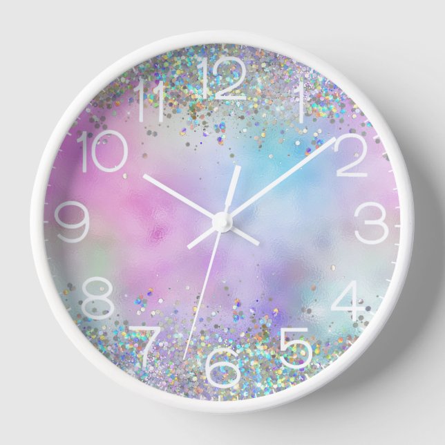 Holographic Glitter Rainbow Pastels Monogram Clock (Front)