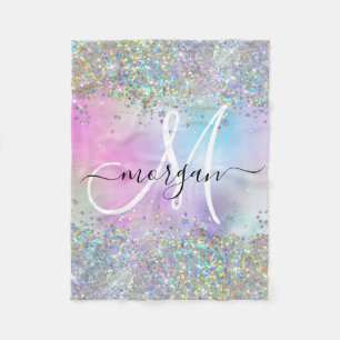 Holographic Glitter Rainbow Pastels Monogram Fleece Blanket