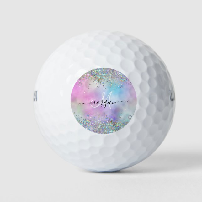 Holographic Glitter Rainbow Pastels Monogram Golf Balls (Front)
