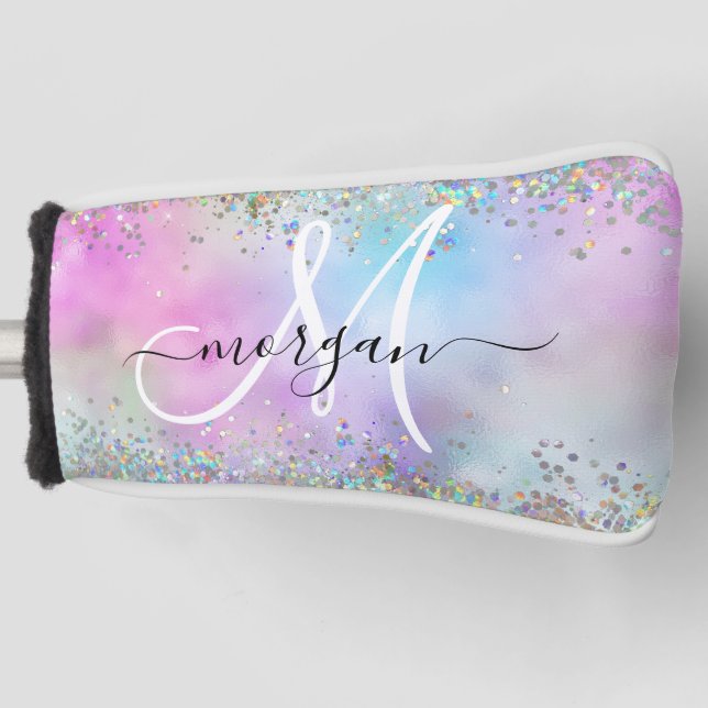 Holographic Glitter Rainbow Pastels Monogram Golf Head Cover (Front)