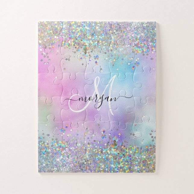 Holographic Glitter Rainbow Pastels Monogram Jigsaw Puzzle (Vertical)