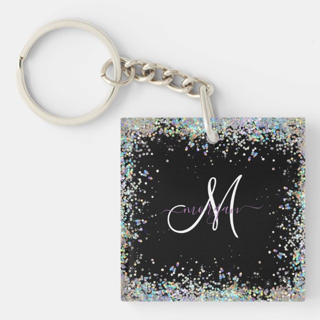 Holographic Glitter Rainbow Pastels Monogram Key Ring (Front)