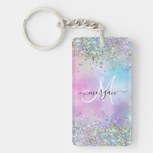 Holographic Glitter Rainbow Pastels Monogram Key Ring (Front)