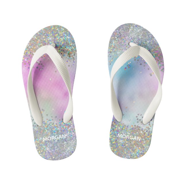 Holographic Glitter Rainbow Pastels Monogram Kid's Thongs (Footbed)