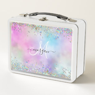 Holographic Glitter Rainbow Pastels Monogram Metal Lunch Box