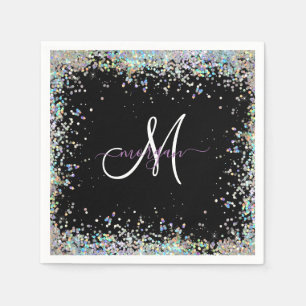 Holographic Glitter Rainbow Pastels Monogram Napkin