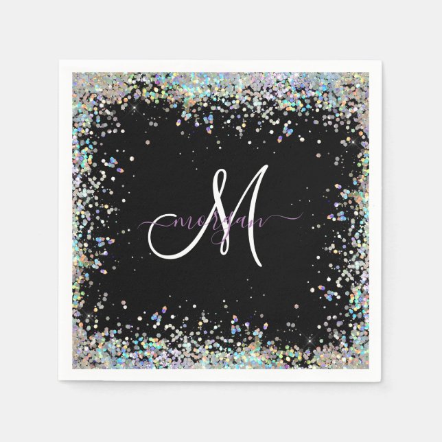 Holographic Glitter Rainbow Pastels Monogram Napkin (Front)
