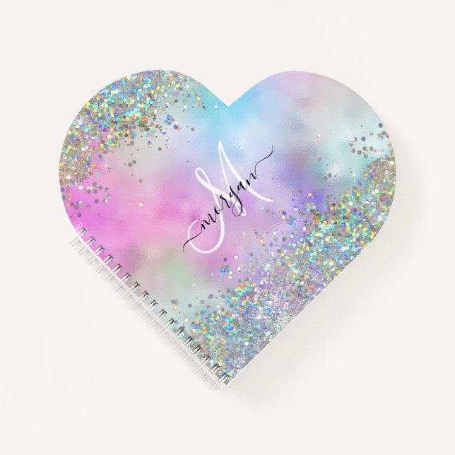 Holographic Glitter Rainbow Pastels Monogram Notebook (Front)