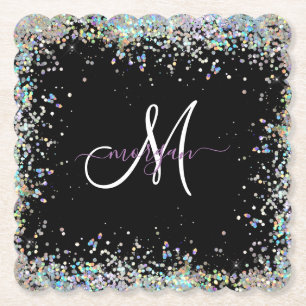 Holographic Glitter Rainbow Pastels Monogram Paper Coaster