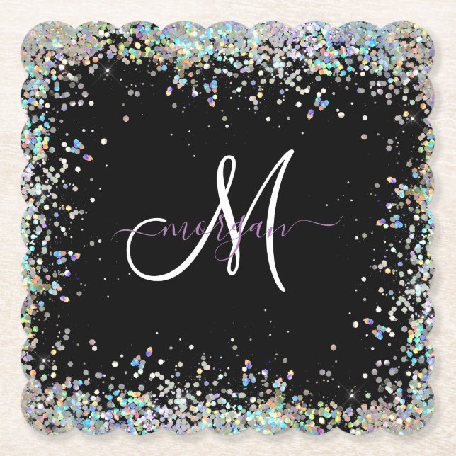 Holographic Glitter Rainbow Pastels Monogram Paper Coaster (Front)