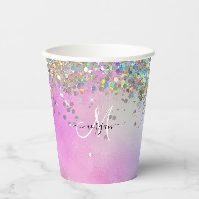Holographic Glitter Rainbow Pastels Monogram Paper Cups (Front)