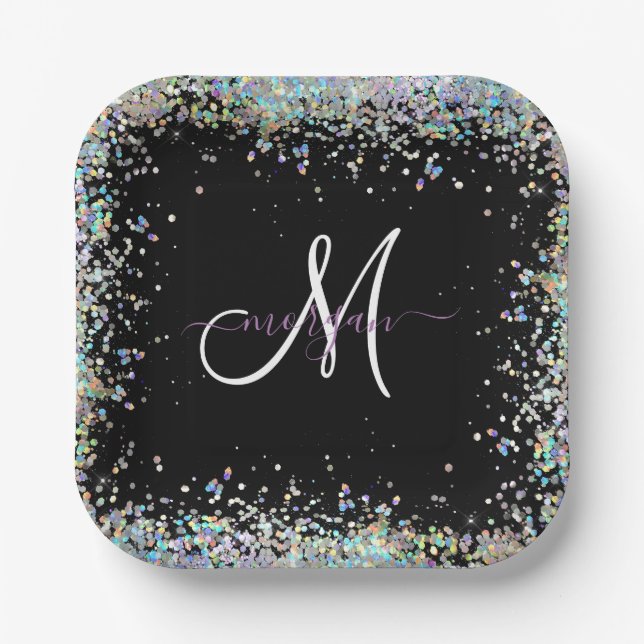 Holographic Glitter Rainbow Pastels Monogram Paper Plate (Front)