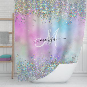 Holographic Glitter Rainbow Pastels Monogram Shower Curtain