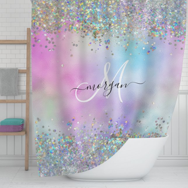 Holographic Glitter Rainbow Pastels Monogram Shower Curtain (Creator Uploaded)