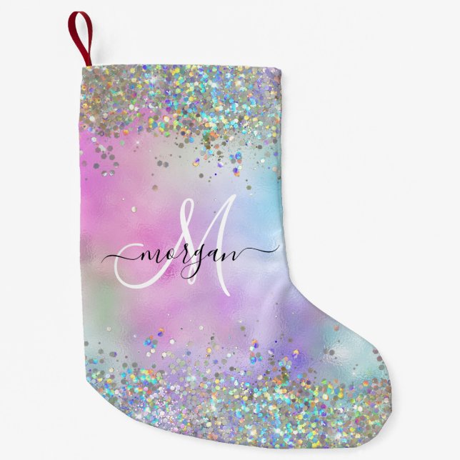 Holographic Glitter Rainbow Pastels Monogram Small Christmas Stocking (Front)