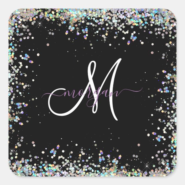 Holographic Glitter Rainbow Pastels Monogram Square Sticker (Front)