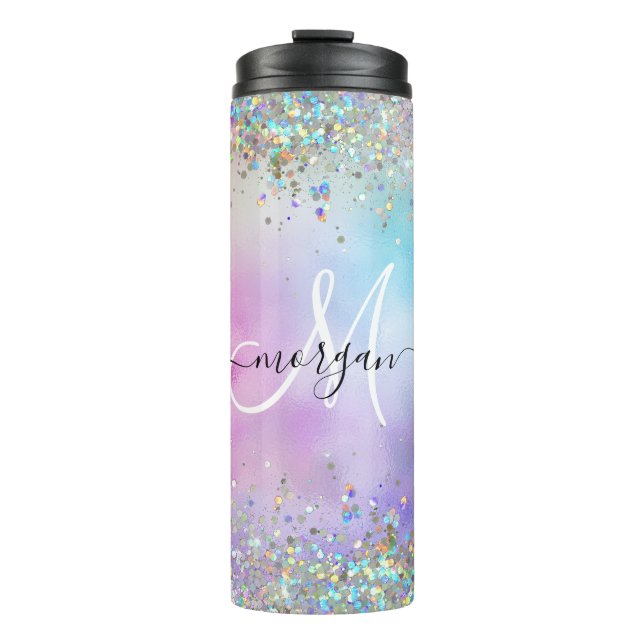 Holographic Glitter Rainbow Pastels Monogram Thermal Tumbler (Front)
