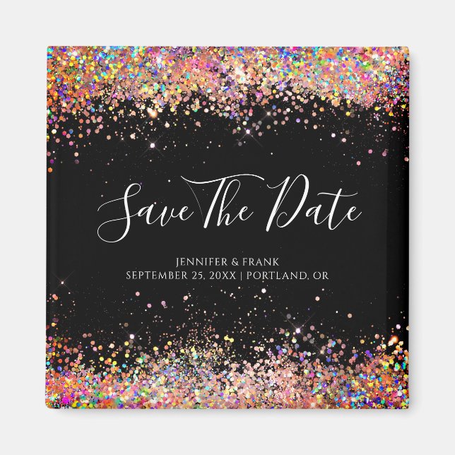 Holographic Glitter Save The Date Elegant Black Magnet (Front)