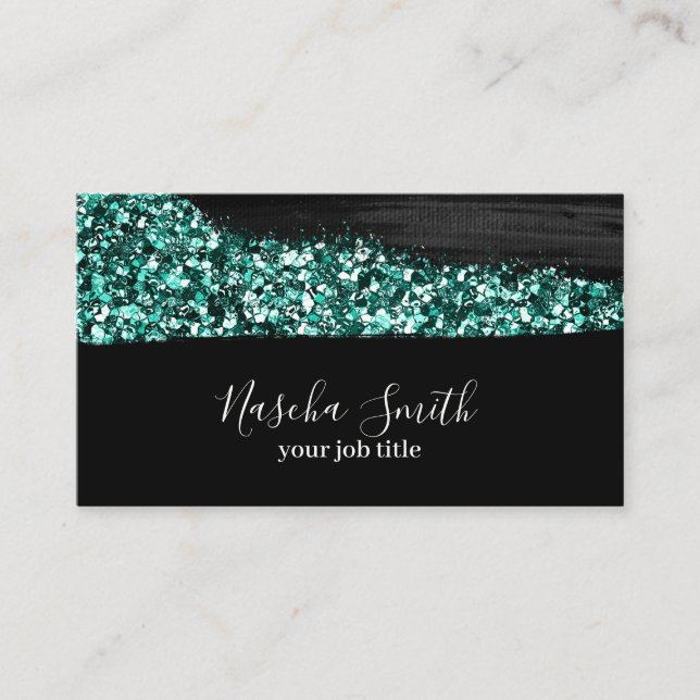 Holographic Glitter Teal & Black Modern Business Card (Front)