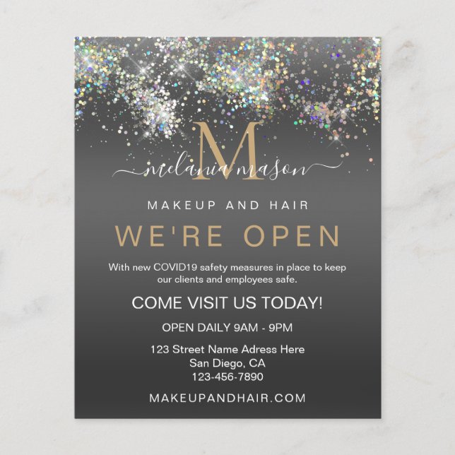 Holographic Glitter We're Open Salon Black Elegant Flyer (Front)