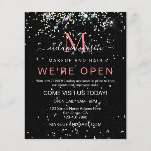 Holographic Glitter We're Open Salon Black Elegant Flyer