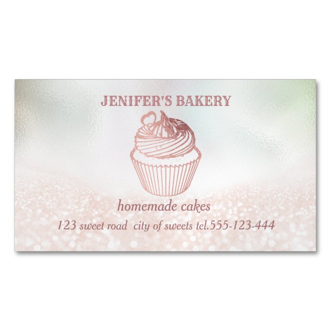 Holographic glittery Homemade cupcakes and sweets Magnetic Business Card (Front)