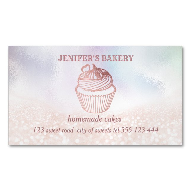 Holographic glittery Homemade cupcakes and sweets Magnetic Business Card (Front)