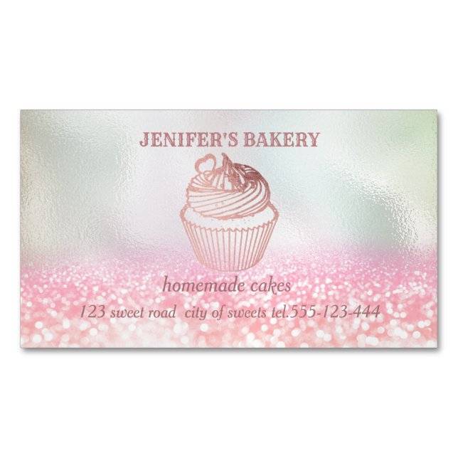 Holographic glittery Homemade cupcakes and sweets Magnetic Business Card (Front)