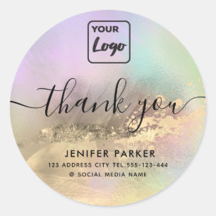 Holographic gold abstract custom logo thank you classic round sticker