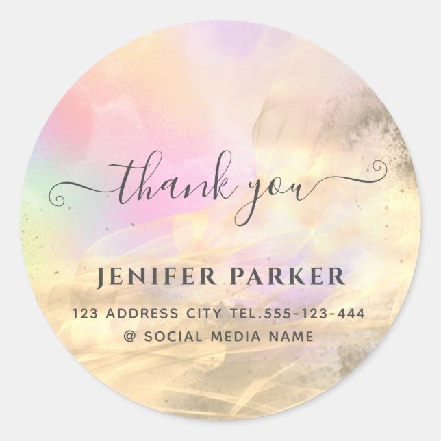 Holographic gold abstract modern script thank you  classic round sticker (Front)