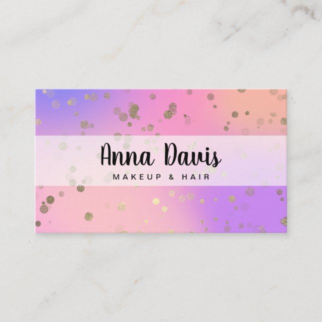 Holographic gold confetti dots makeup & hair business card (Front)