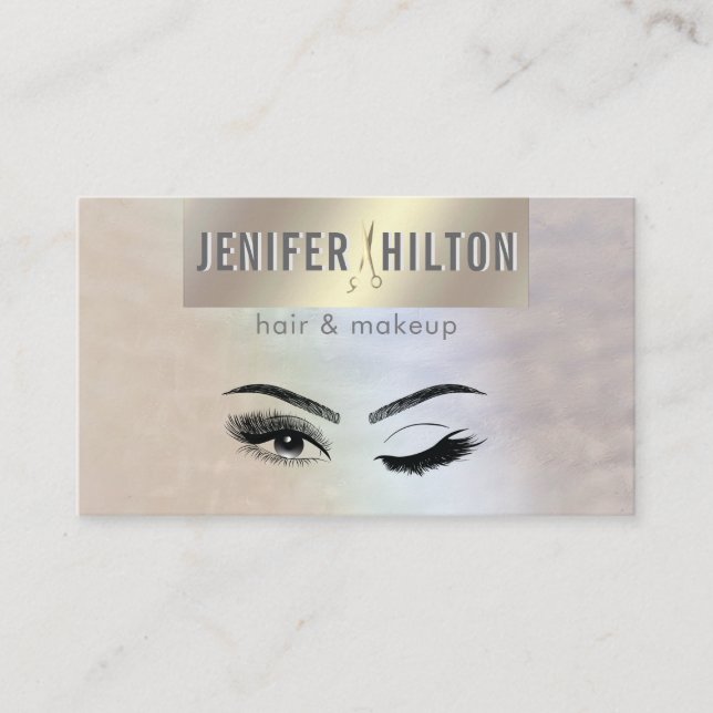 Holographic gold foil hair stylist makeup eyes business card (Front)