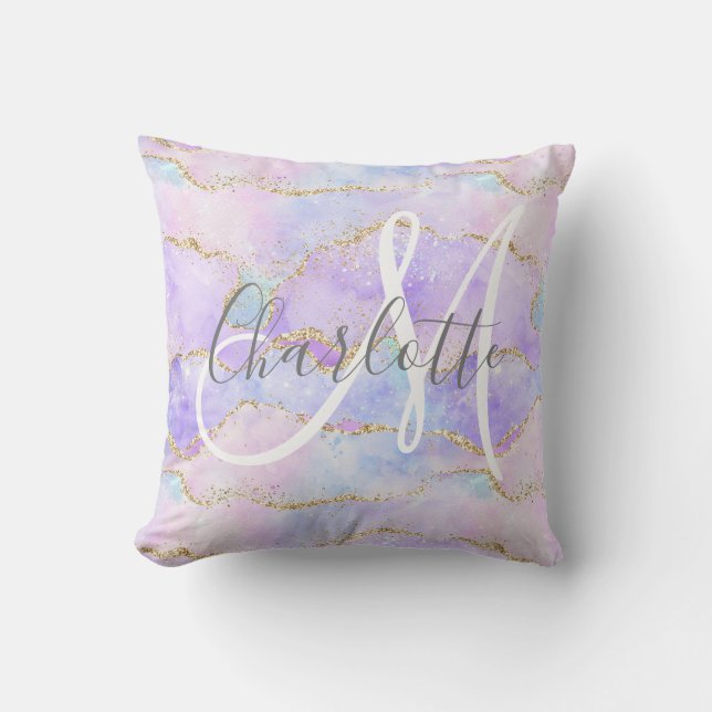 Holographic gold glitter agate monogram  cushion (Front)