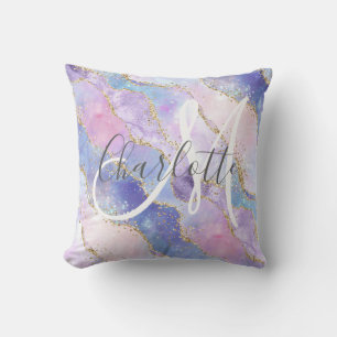Holographic gold glitter agate monogrammed cushion