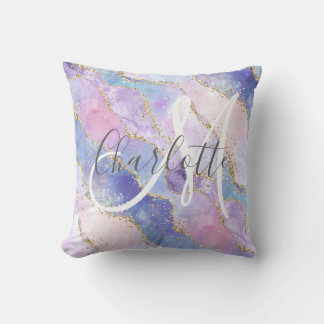 Holographic gold glitter agate monogrammed cushion