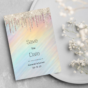 Holographic gold glitter drips glam Save The Date Invitation