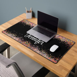 Holographic Gold Glitter Monogram Black Sparkly Desk Mat
